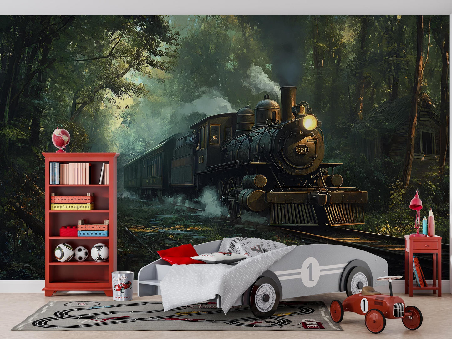 Vintage Steam Train Wall Mural for Kids Room – Adventure Forest Railway Wallpaper Vn224