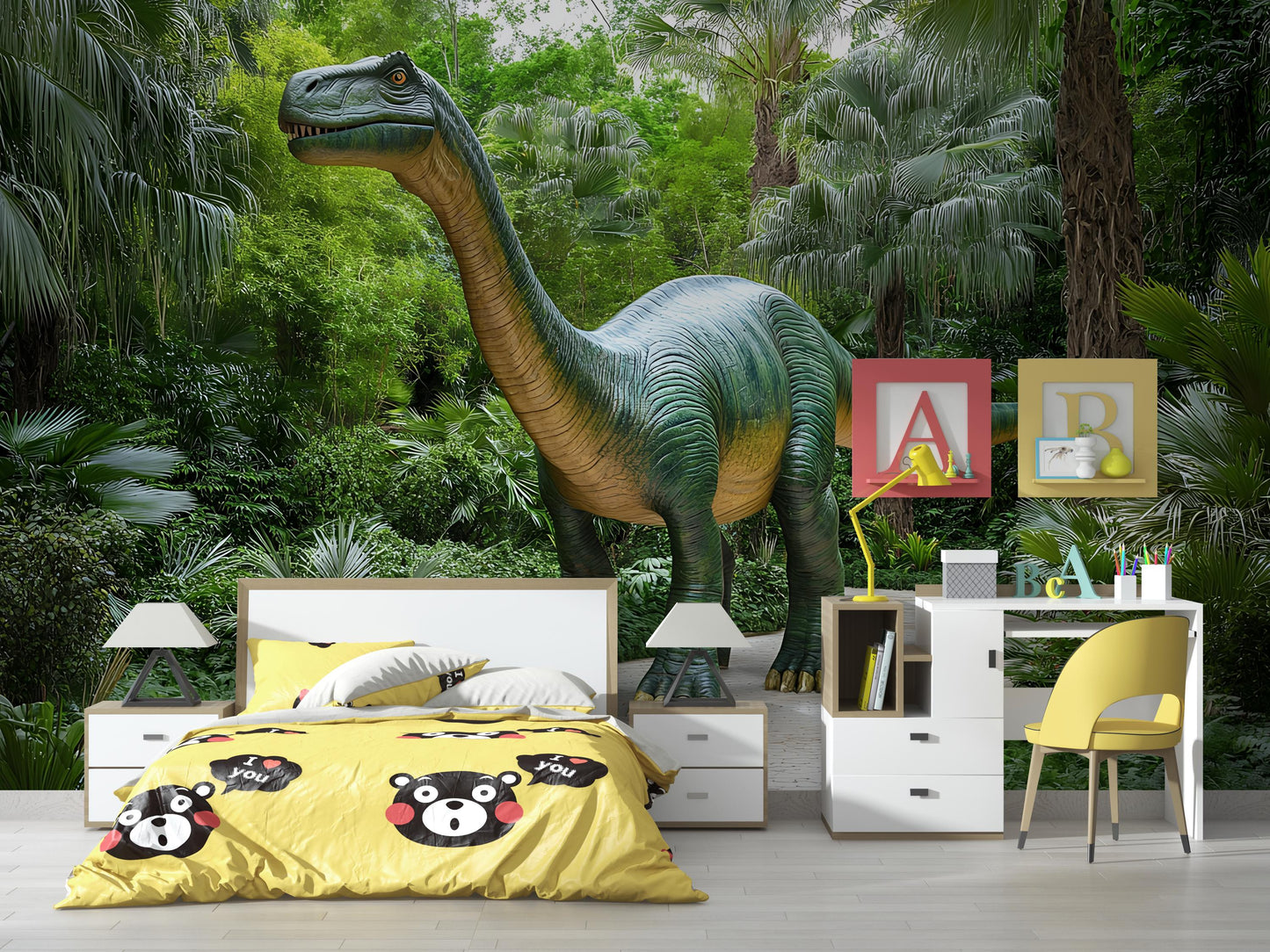 Dinosaur Wall Mural for Kids Room – Jungle Theme Wallpaper with Brachiosaurus | Bold 3D Effect Dino Decor | Removable Peel & Stick Vn406