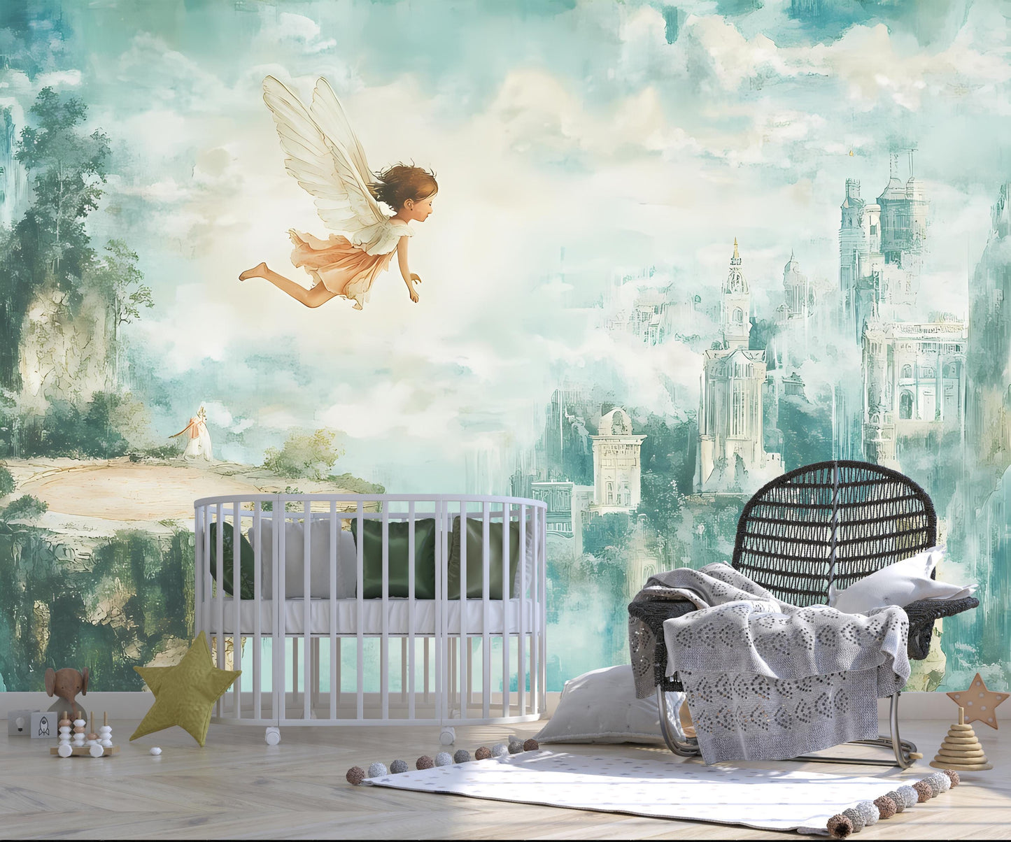 Whimsical Fairy Wall Mural for Kids Room – Flying Fairy & Fantasy Castle Wallpaper Vn100