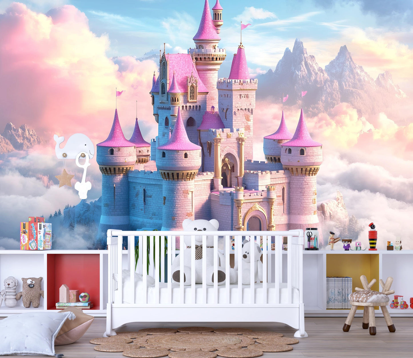Fairytale Castle Wall Mural for Nursery | Princess Dreamland Wallpaper | Pink Castle Kids Room Decor | Fantasy Baby Girl Backdrop Vn367