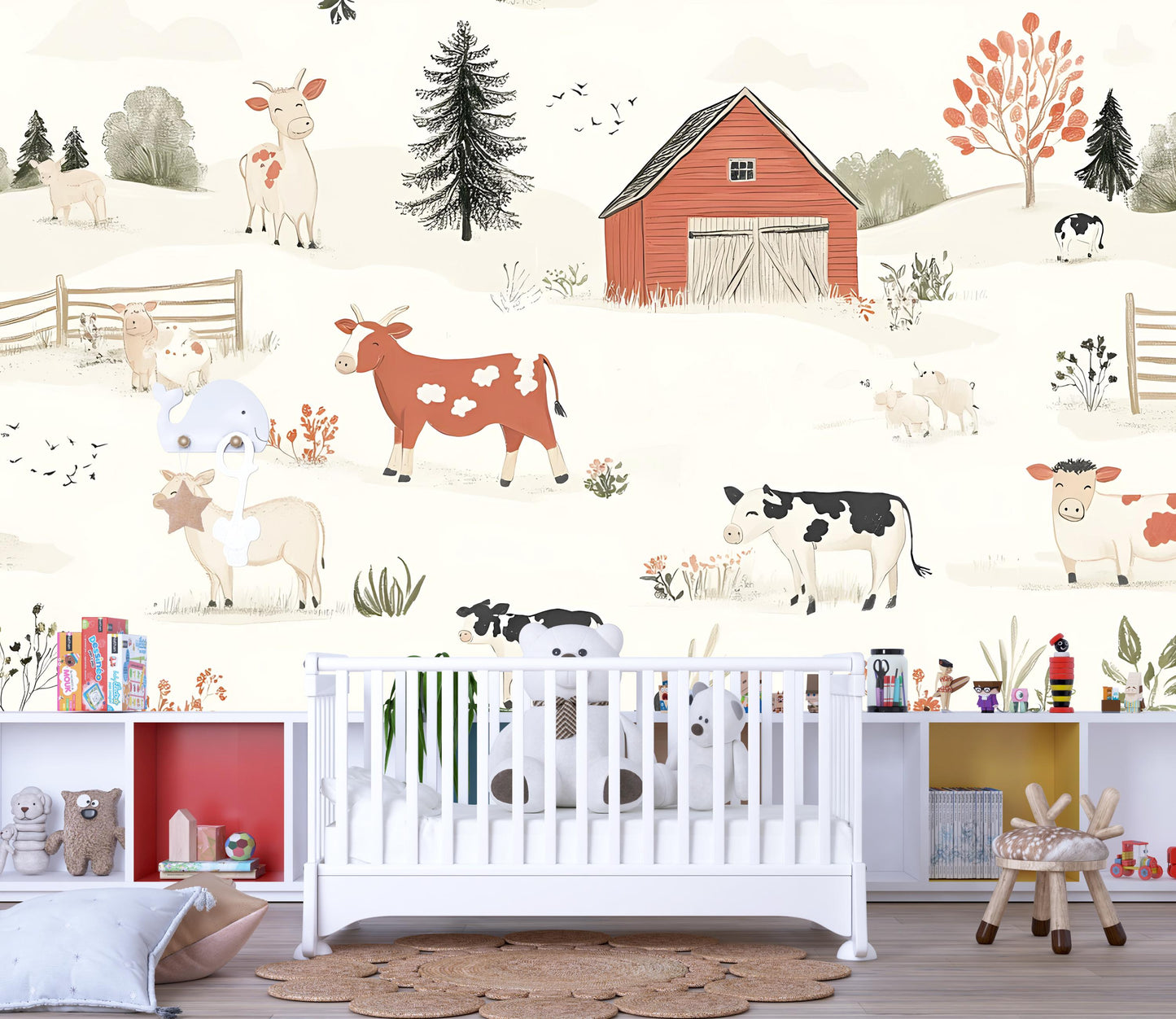 Farm Animal Wall Mural for Kids Room – Cute Cow Barn Nursery Wallpaper – Removable Playroom Decor – Country Farmhouse Art Vn314