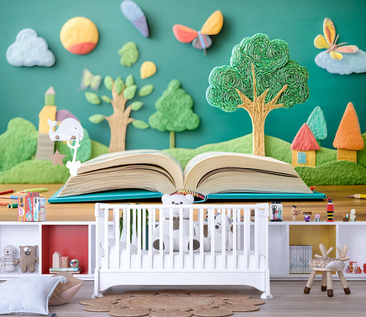 Whimsical Storybook Nursery Wall Art, 3D Felt Forest Mural, Kids Room Decor, Baby Room Backdrop, Colorful Nature Landscape Vn419