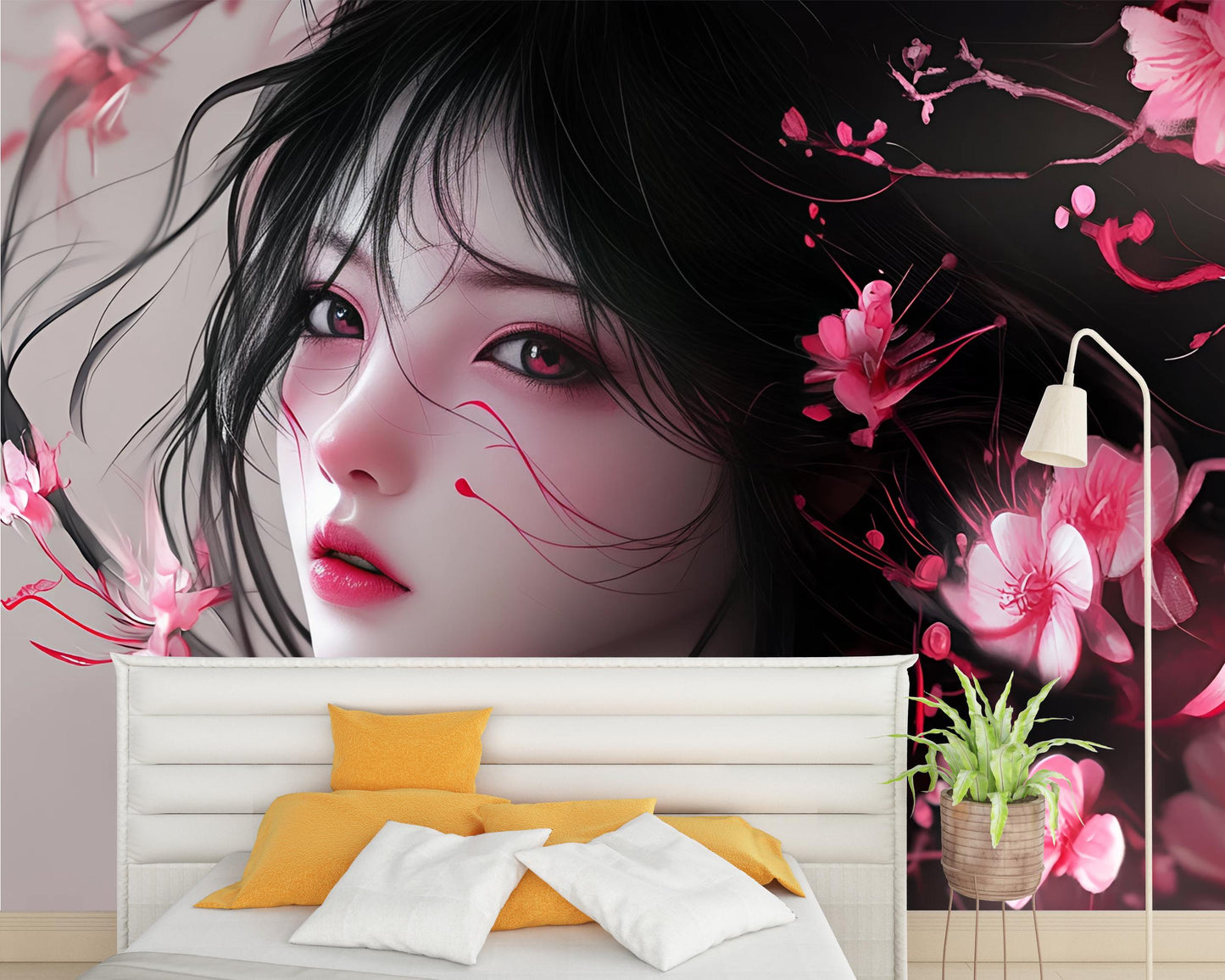 Anime Wall Art Girl with Flowers | Japanese Aesthetic Mural | Cherry Blossom Decor | Bedroom Accent Wallpaper Vn354