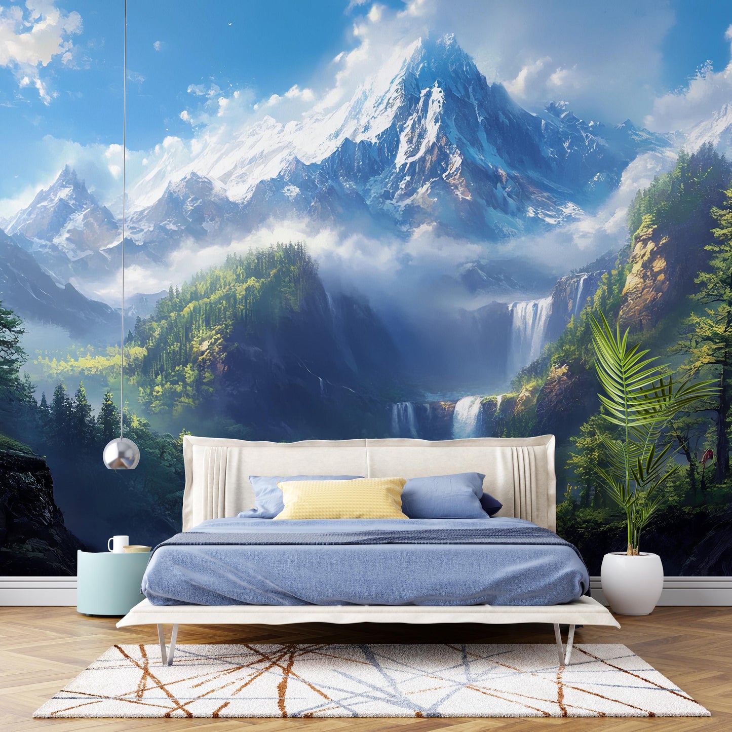 Mountain View Wall Mural | Scenic Nature Bedroom Wallpaper | Snowy Peak Forest Landscape | Large Photo Wall Art Decor Vn251