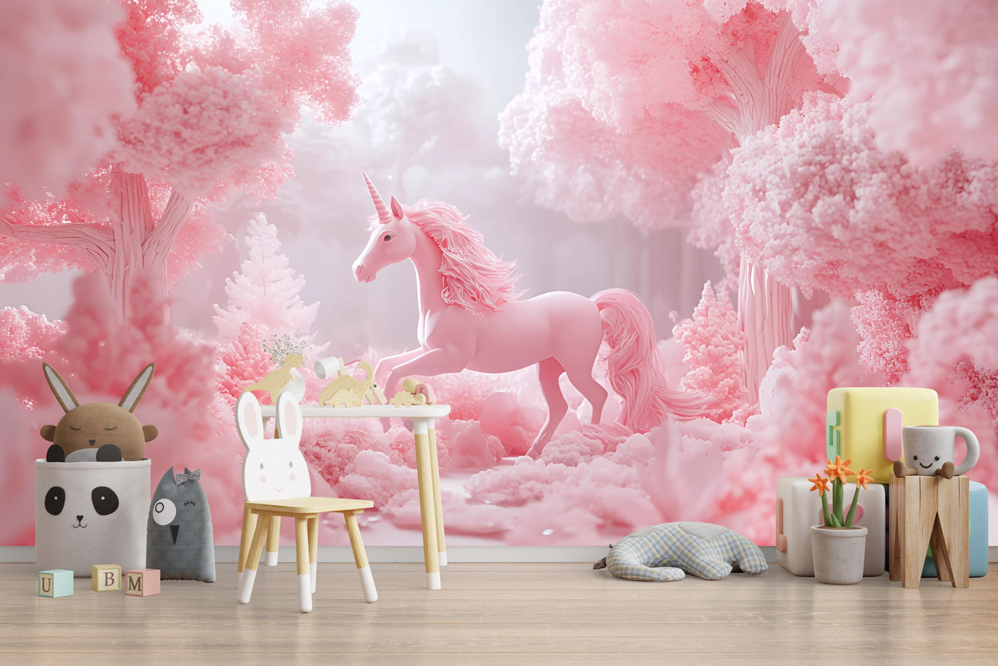 Pink Unicorn Forest Wall Mural | Dreamy Fantasy Wallpaper for Kids Room | Whimsical Pastel Nursery Decor Vn 299