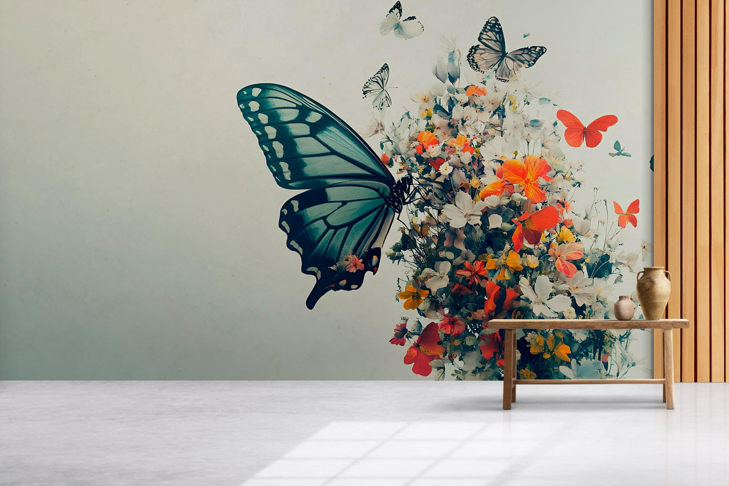 Large Butterfly & Floral Wall Mural – Colorful Nature Wall Art for Living Room or Office Vn484