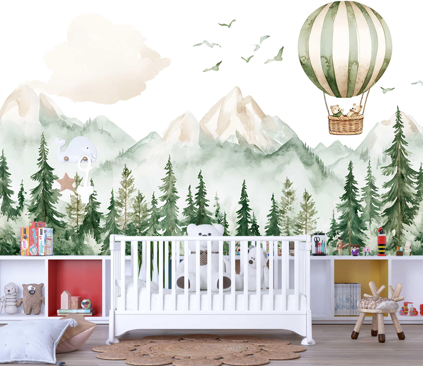 Woodland Forest Mountain Wall Mural for Kids Room – Hot Air Balloon Animal Nursery Wallpaper – Adventure Baby Room Decor Vn444