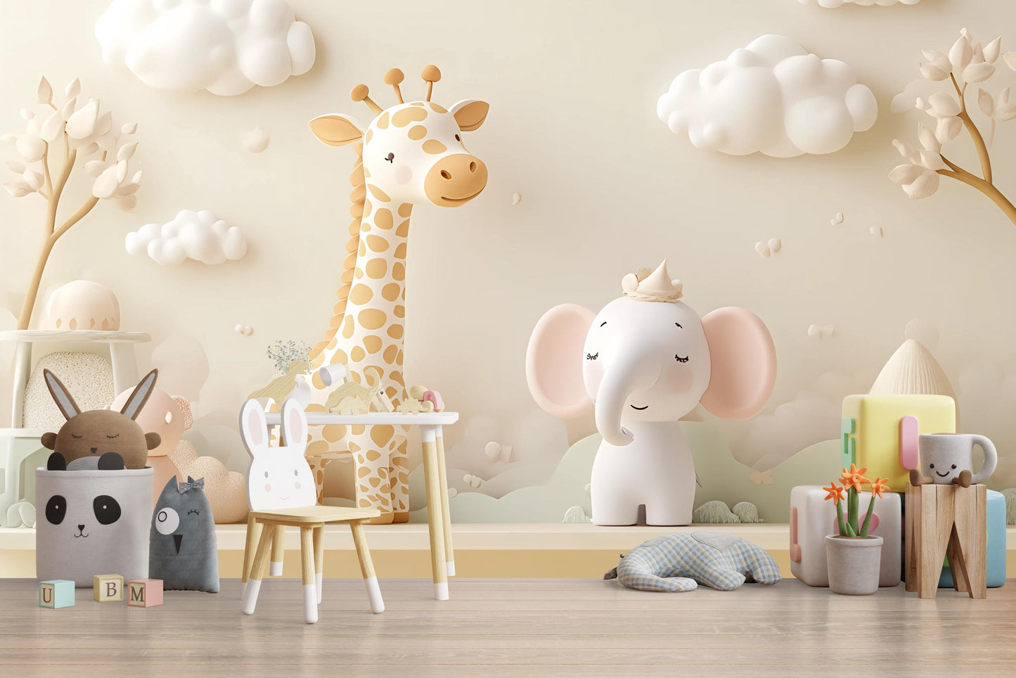 Whimsical Safari Animal Nursery Wall Mural – Giraffe & Elephant Jungle Art – Neutral Baby Room Decor – Kids Bedroom Wallpaper Vn431