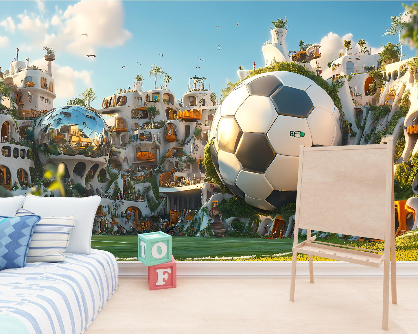 Soccer Fantasy Village Wall Mural – Giant Ball Nursery Wallpaper, Futuristic Kids Room Art, Whimsical City Sports Decor Vn056