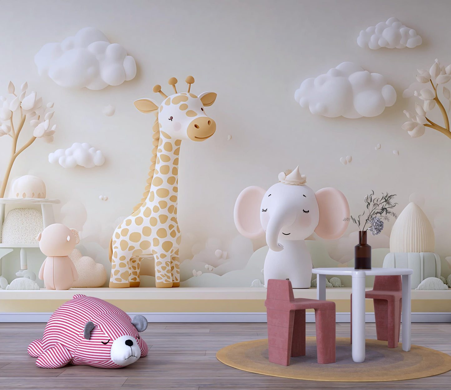 Whimsical Safari Animal Nursery Wall Mural – Giraffe & Elephant Jungle Art – Neutral Baby Room Decor – Kids Bedroom Wallpaper Vn431