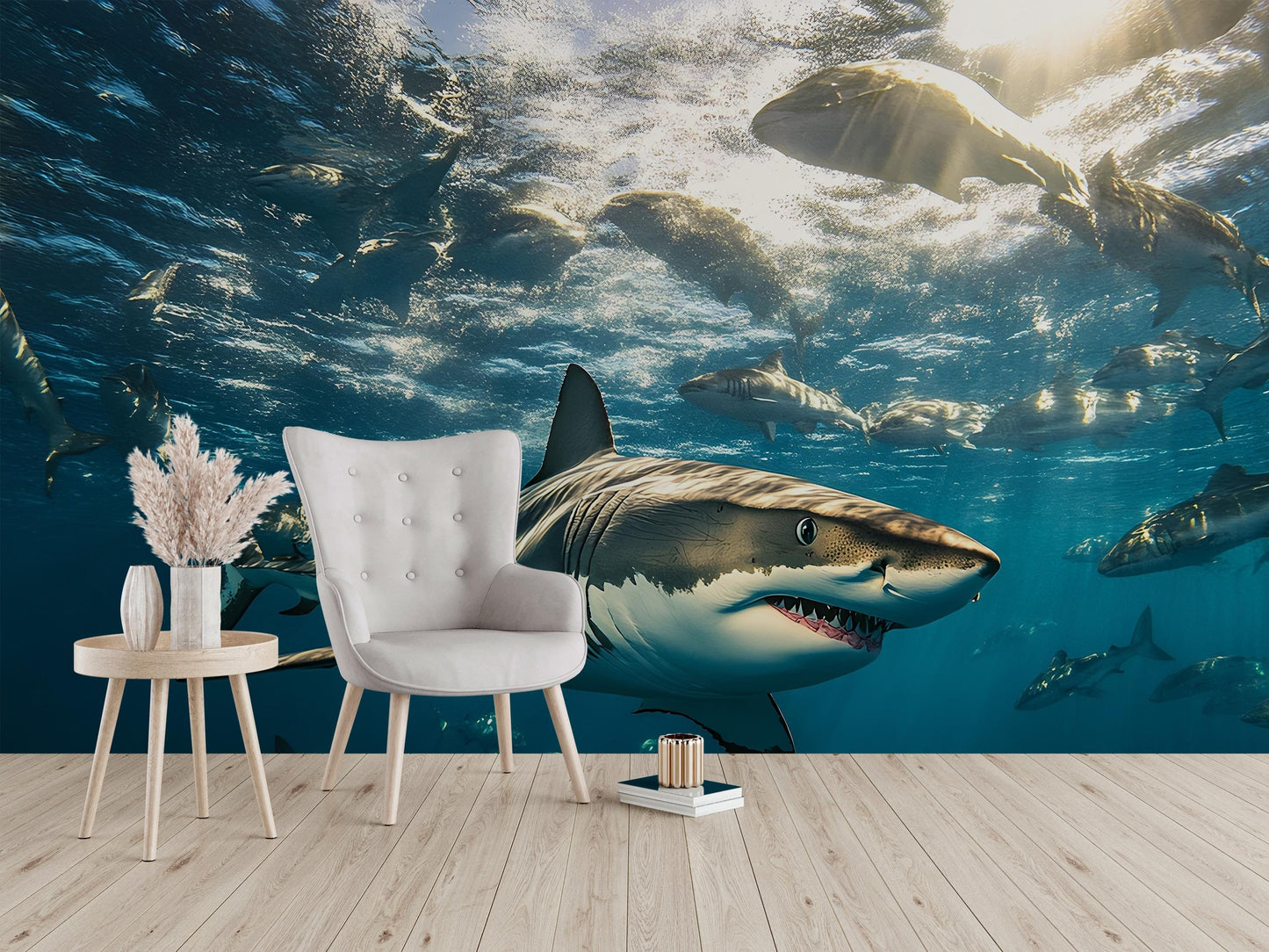Shark Ocean Wall Mural | 3D Underwater Shark Wallpaper | Great White Shark Decor | Ocean Scene Wall Art | Sea Life Room Accent Vn388