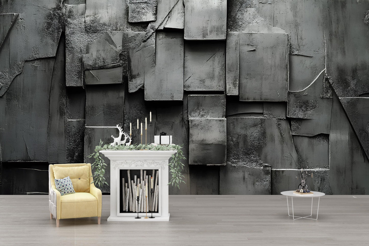 Modern Textured Wall Art Mural – 3D Dark Concrete Geometric Wallpaper – Industrial Style Living Room Decor Vn240
