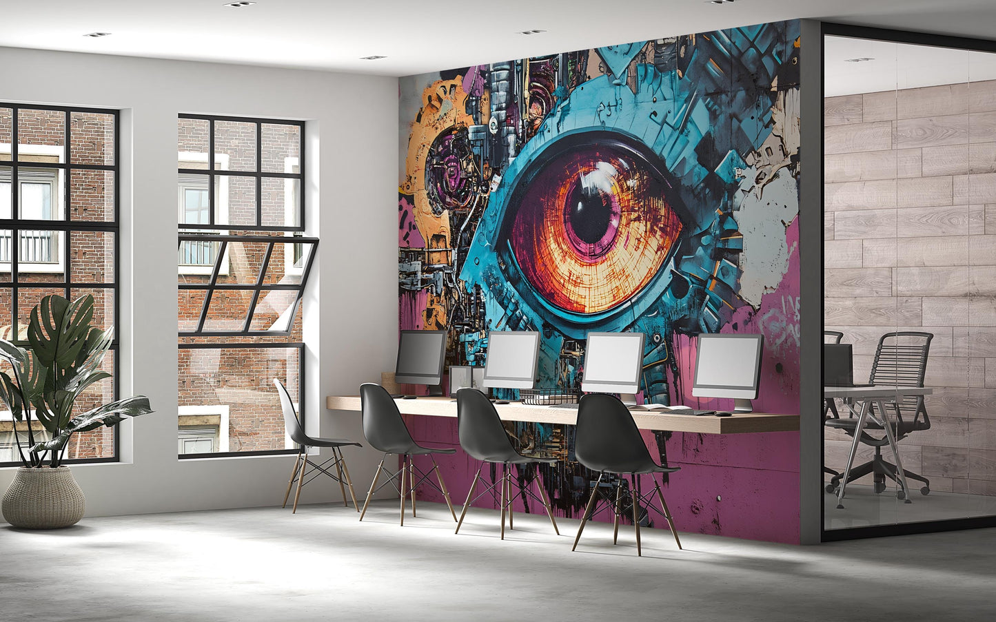 Cyberpunk Eye Wall Mural, Graffiti Tech Art Wallpaper, Futuristic Industrial Office Decor, Modern Creative Workspace Accent Wall Vn204