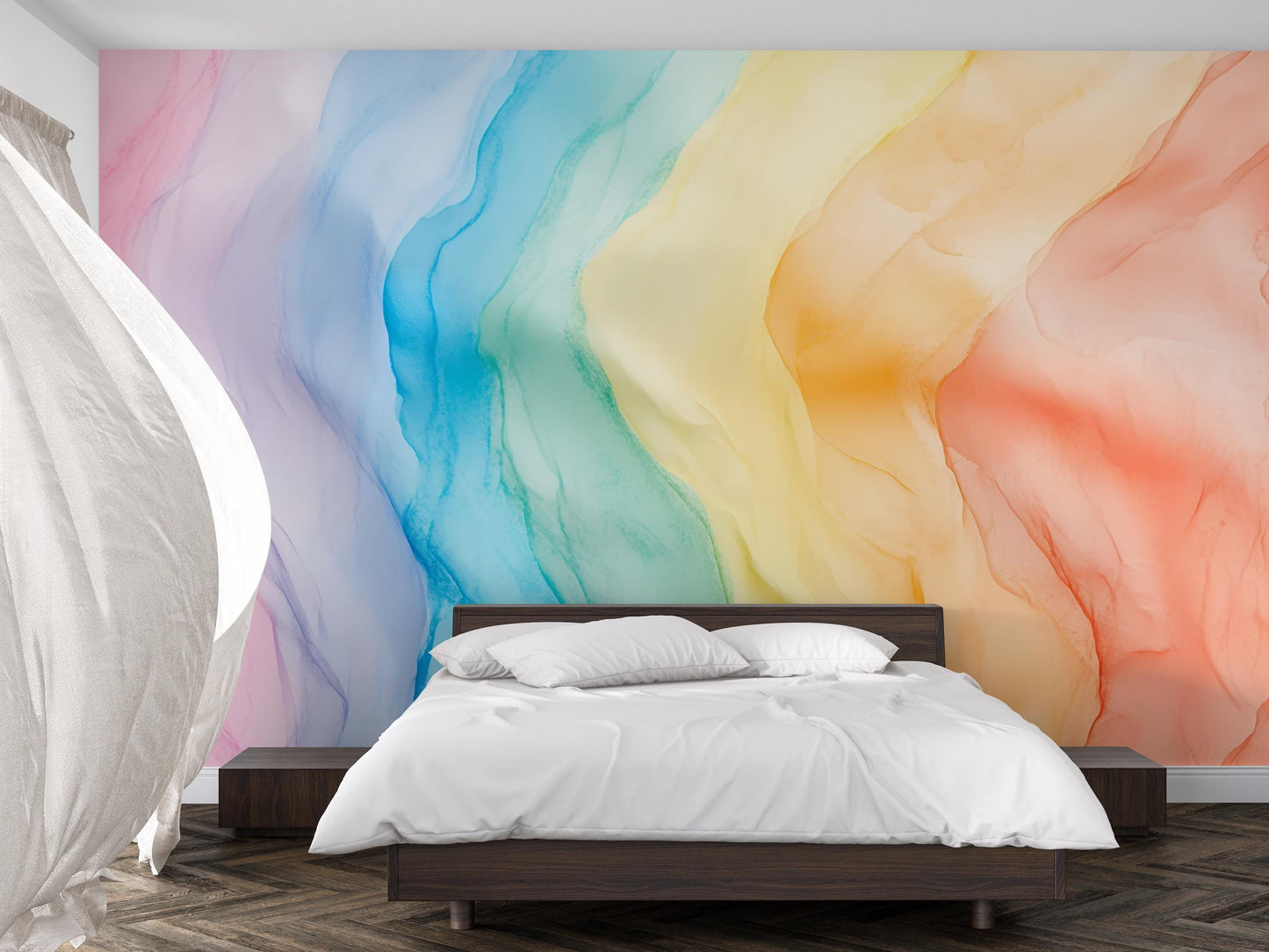 Rainbow Watercolor Wall Mural – Modern Abstract Gradient Wallpaper for Bedroom Accent Wall, Sloped Ceiling Design Art Vn398