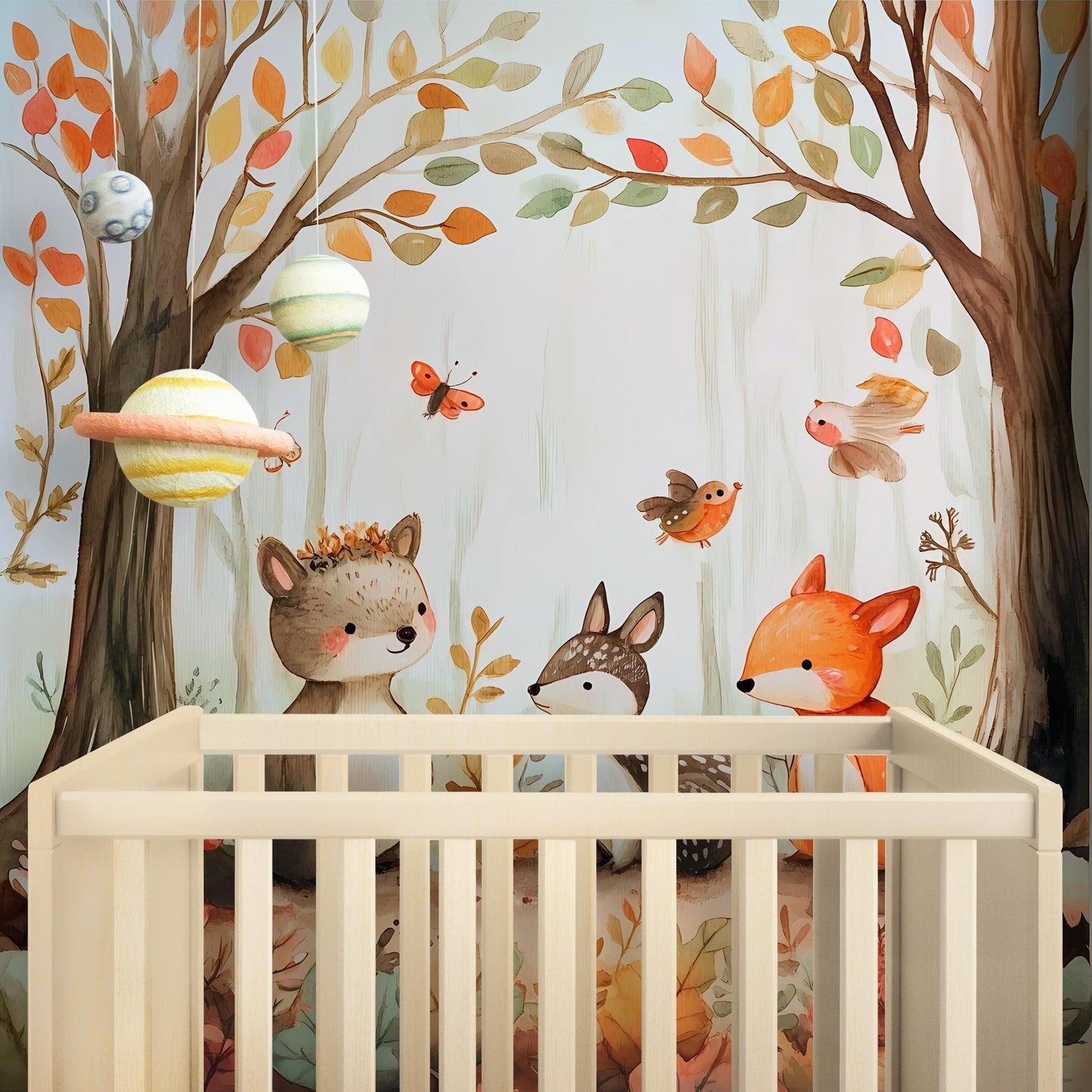 Woodland Animal Nursery Wall Mural - Forest Friends Wallpaper for Kids Room - Cute Bear Deer Fox Wall Art - Nature Baby Room Decor Vn060