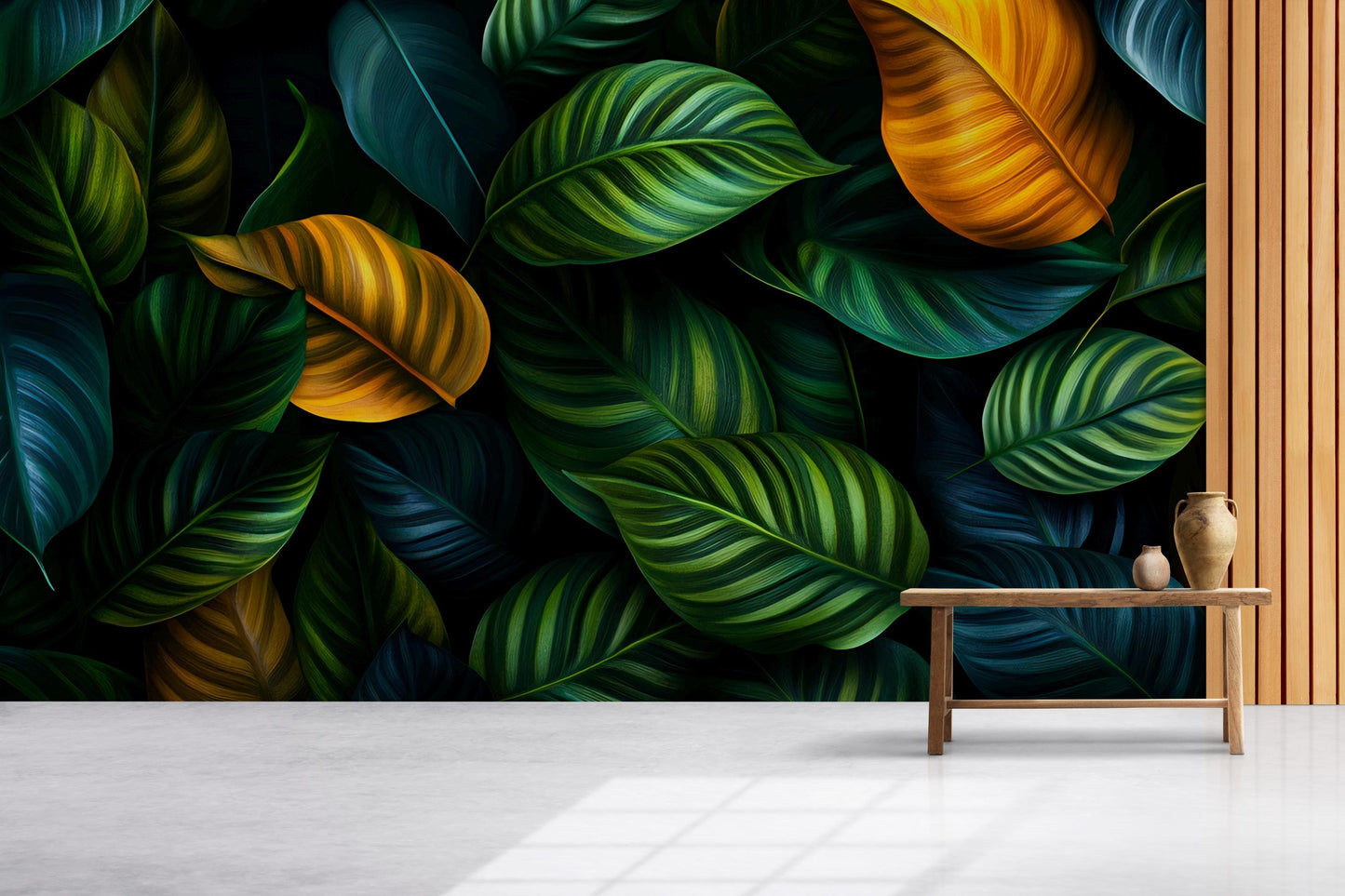 Tropical Leaf Wallpaper Mural – Jungle Botanical Wall Art, Large Green Yellow Leaves Removable Wallpaper, Modern Nature Vn207