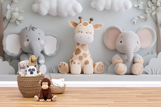 Safari Animal Nursery Wall Art - Giraffe & Elephant 3D Cartoon Mural for Kids Room - Neutral Jungle Baby Room Decor Vn426