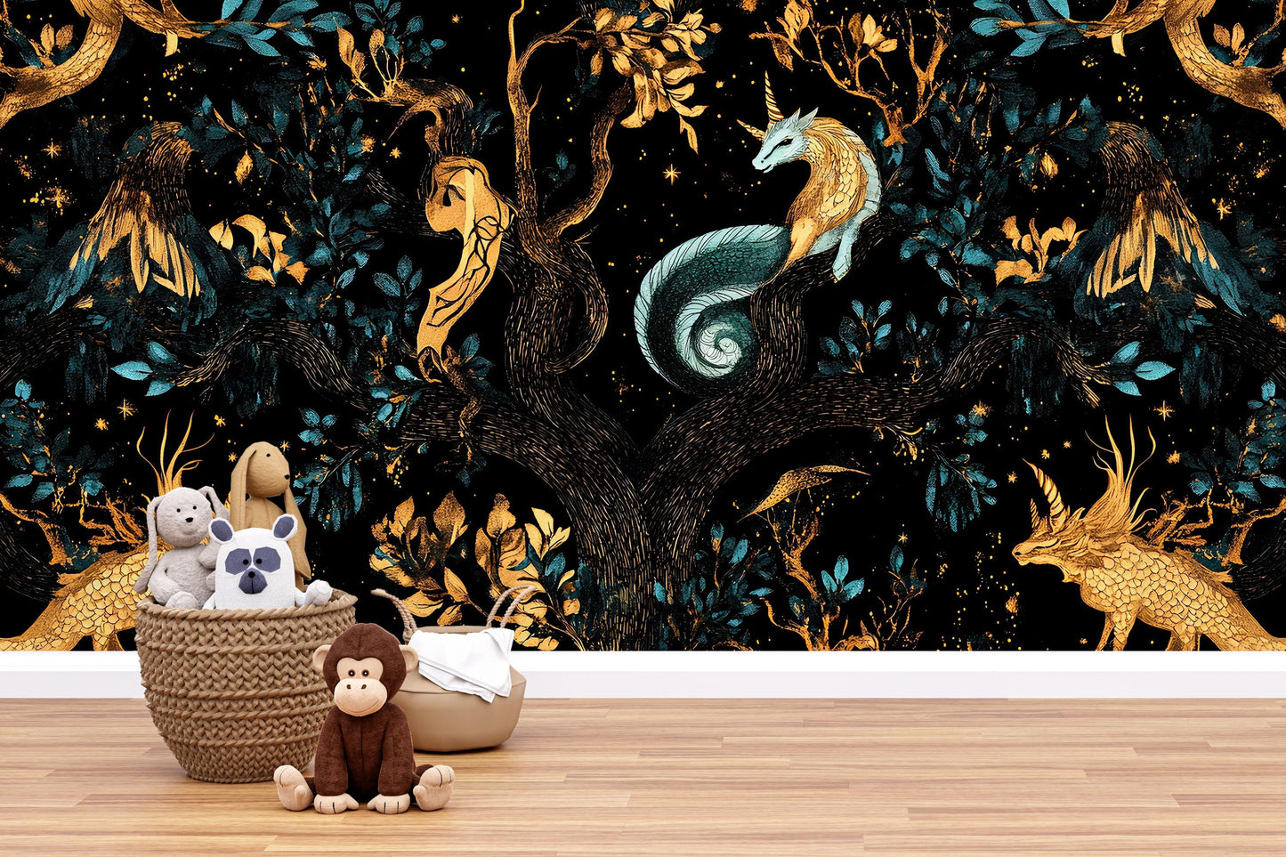 Magical Forest Wallpaper Mural for Nursery – Unicorn, Dragon & Fairy Tale Creatures – Dark Fantasy Kids Room Wall Art Vn178