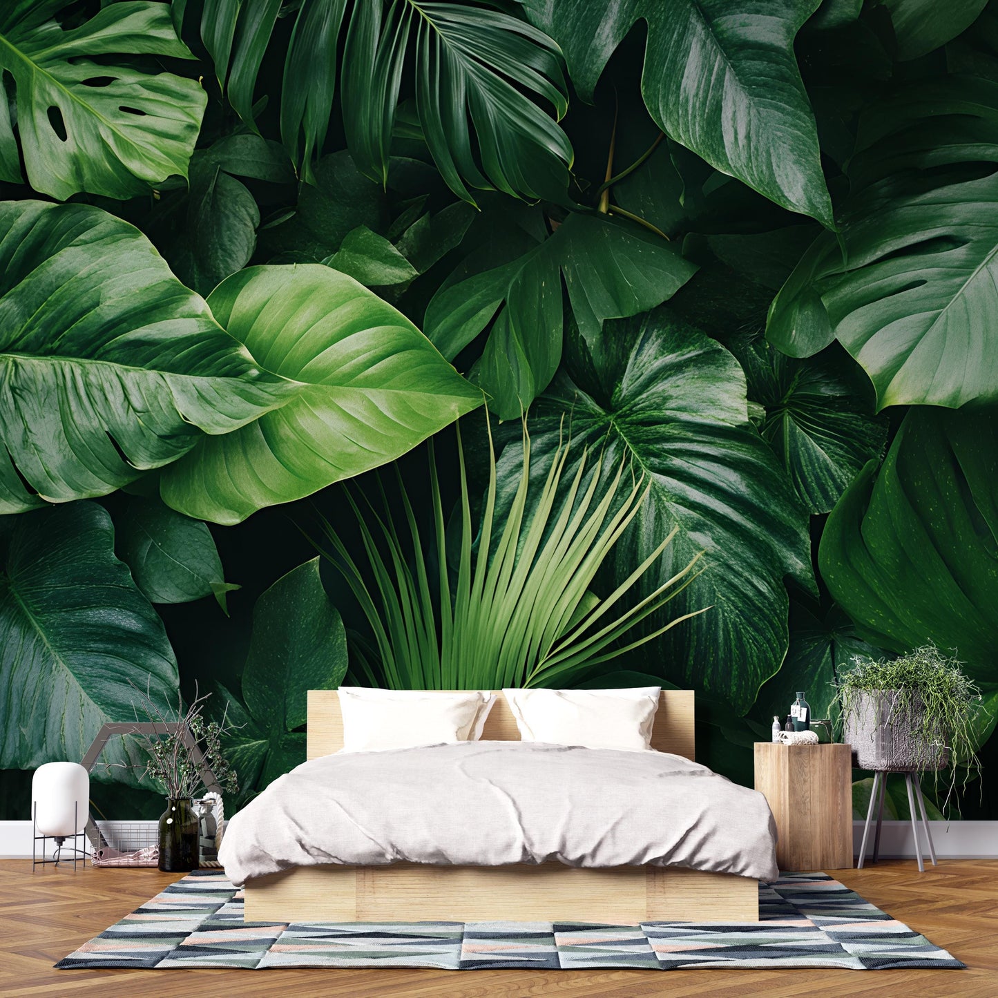 Tropical Jungle Leaf Wall Mural | Large Botanical Green Plant Wallpaper | Modern Nature Bedroom Decor | Peel & Stick or Traditional Vn209