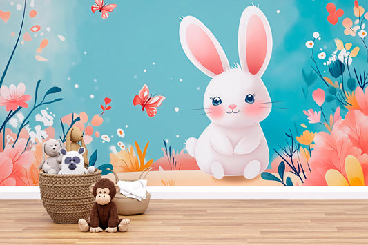 Whimsical Bunny Nursery Wall Mural | Pastel Animal Kids Room Decor | Cute Rabbit Wallpaper for Baby Girl Room Vn436