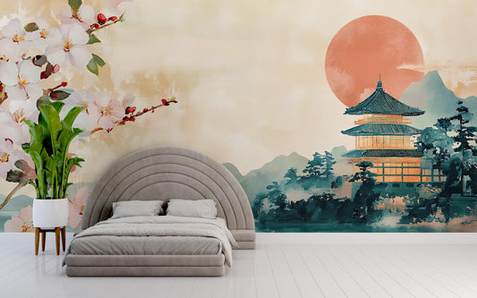 Japanese Wall Mural with Cherry Blossoms & Pagoda β Tranquil Nature Bedroom Wallpaper β Asian Landscape Wall Art DΓ©cor Vn488
