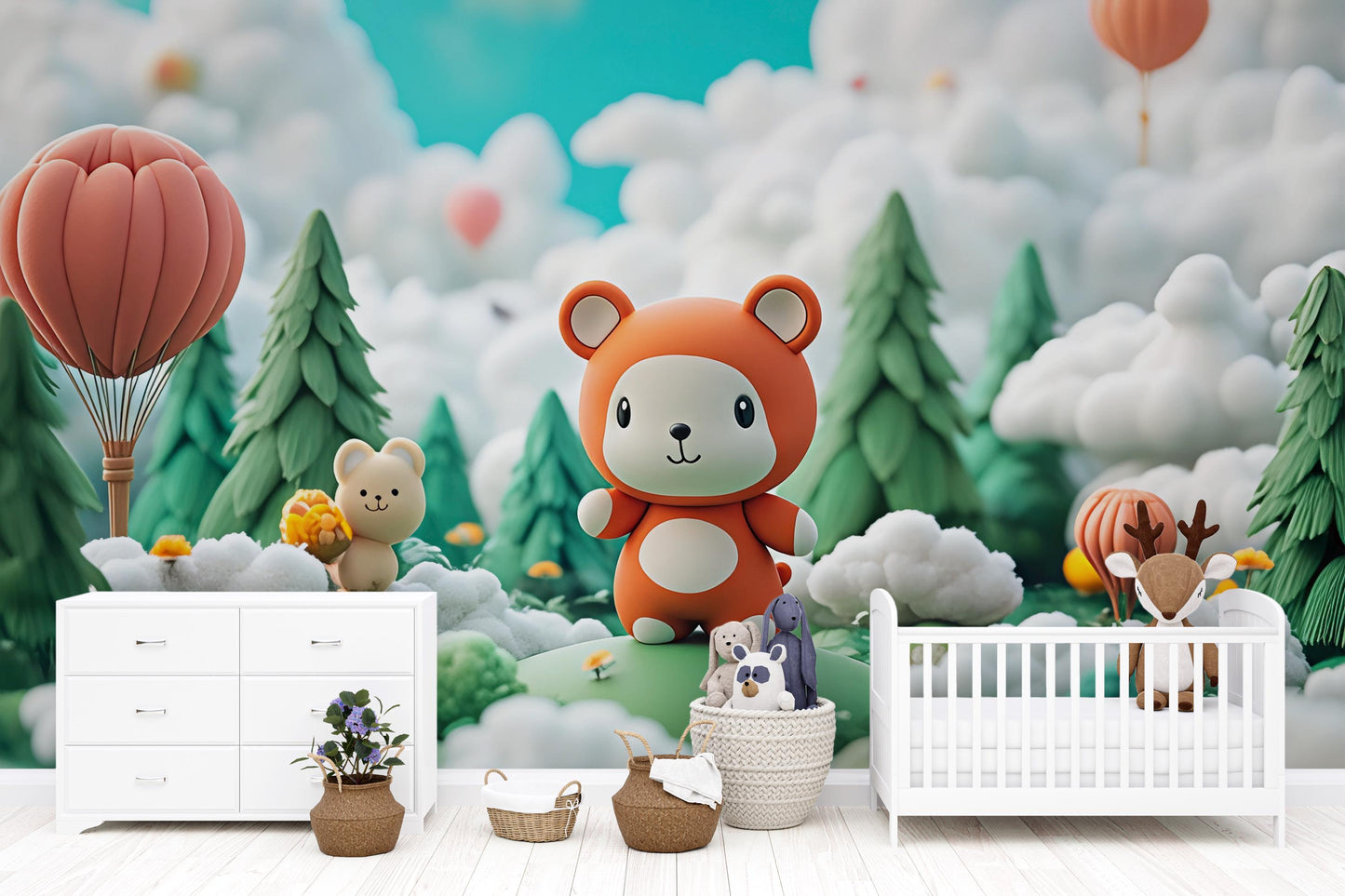 Whimsical Bear Wall Mural | Cute Animal Forest Kids Room Wallpaper | Playroom Nursery Decor Art | 3D Cartoon Bear Scene Vn428