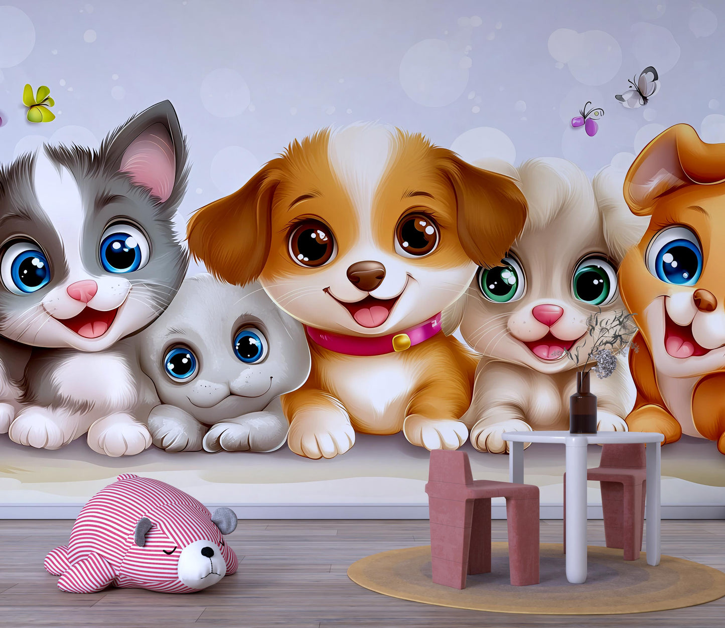 Cute Puppy & Kitten Wall Mural – Cartoon Animal Wallpaper for Nursery, Kids Room Decor – Large Removable Art Print Vn320