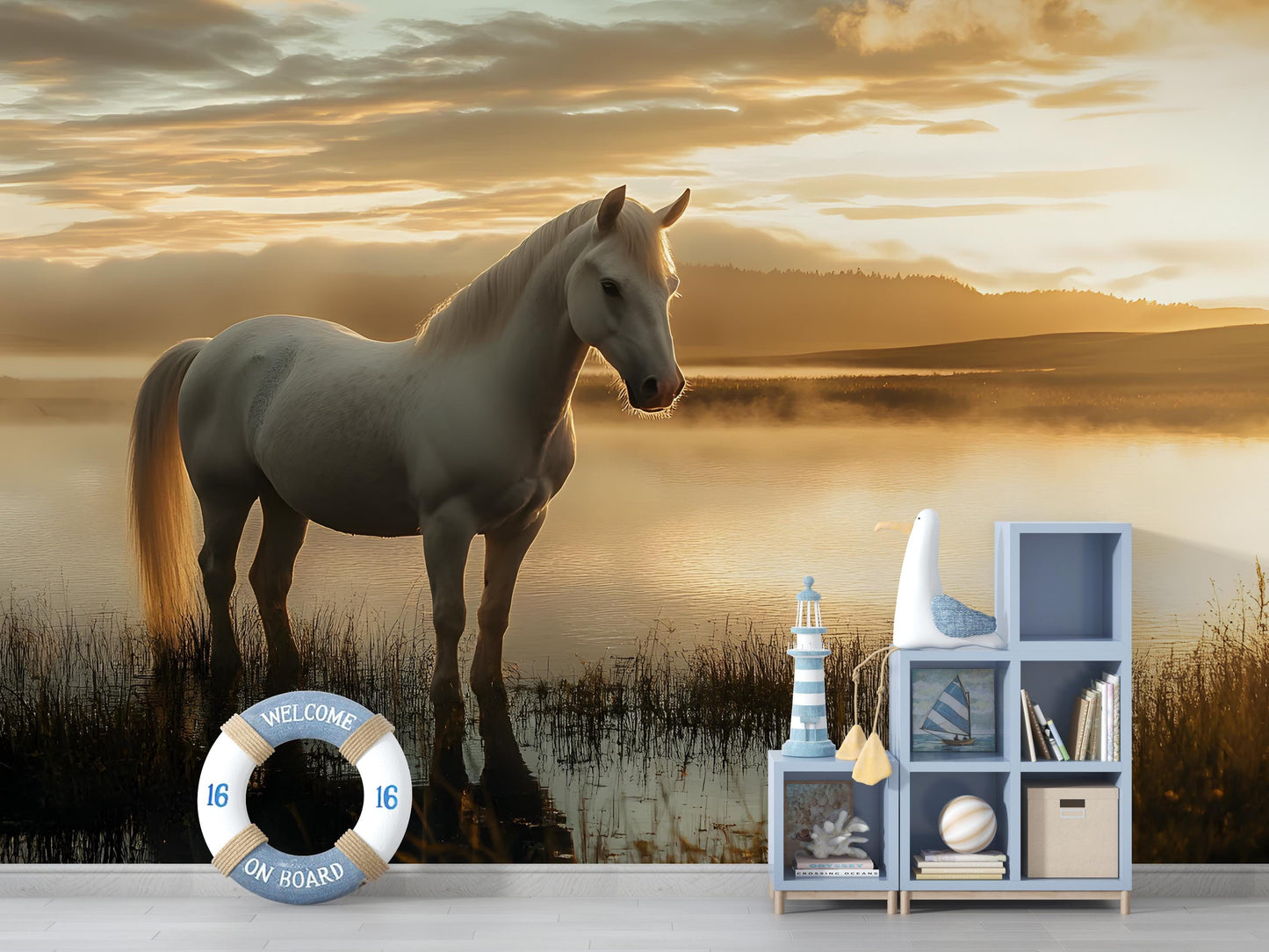 White Horse Sunrise Wall Mural – Peaceful Nature Lake Scene | Horse Lover Bedroom Decor Vn024