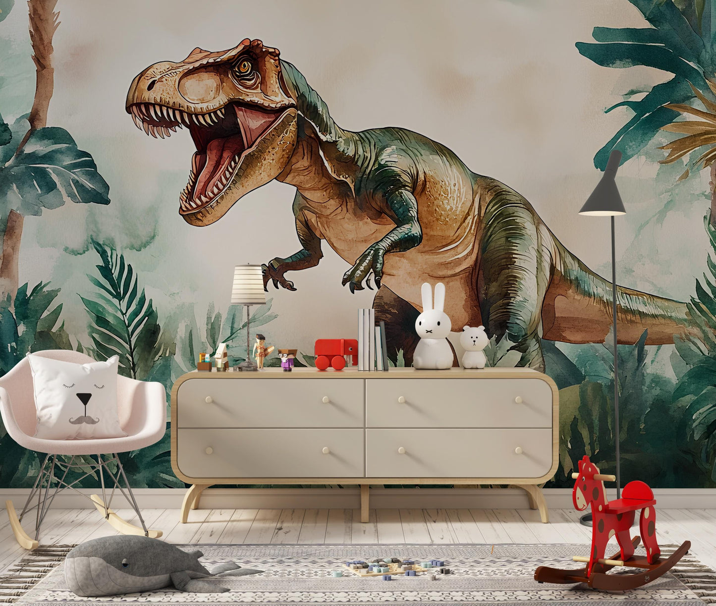 Dinosaur Wall Mural for Kids Room – T-Rex Jungle Wallpaper – Boys Nursery Wall Art – Prehistoric Safari Theme Décor Vn408
