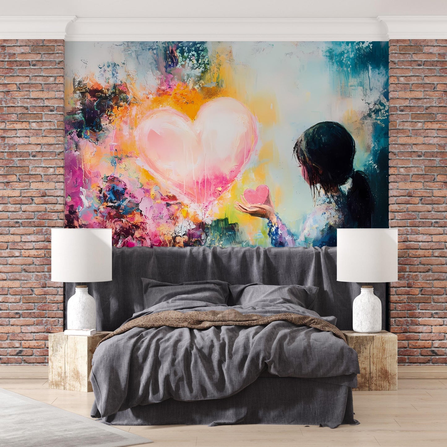 Romantic Girl Heart Wall Art – Abstract Colorful Bedroom Painting Vn015