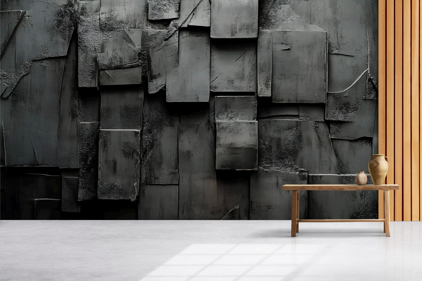 Modern Textured Wall Art Mural – 3D Dark Concrete Geometric Wallpaper – Industrial Style Living Room Decor Vn240