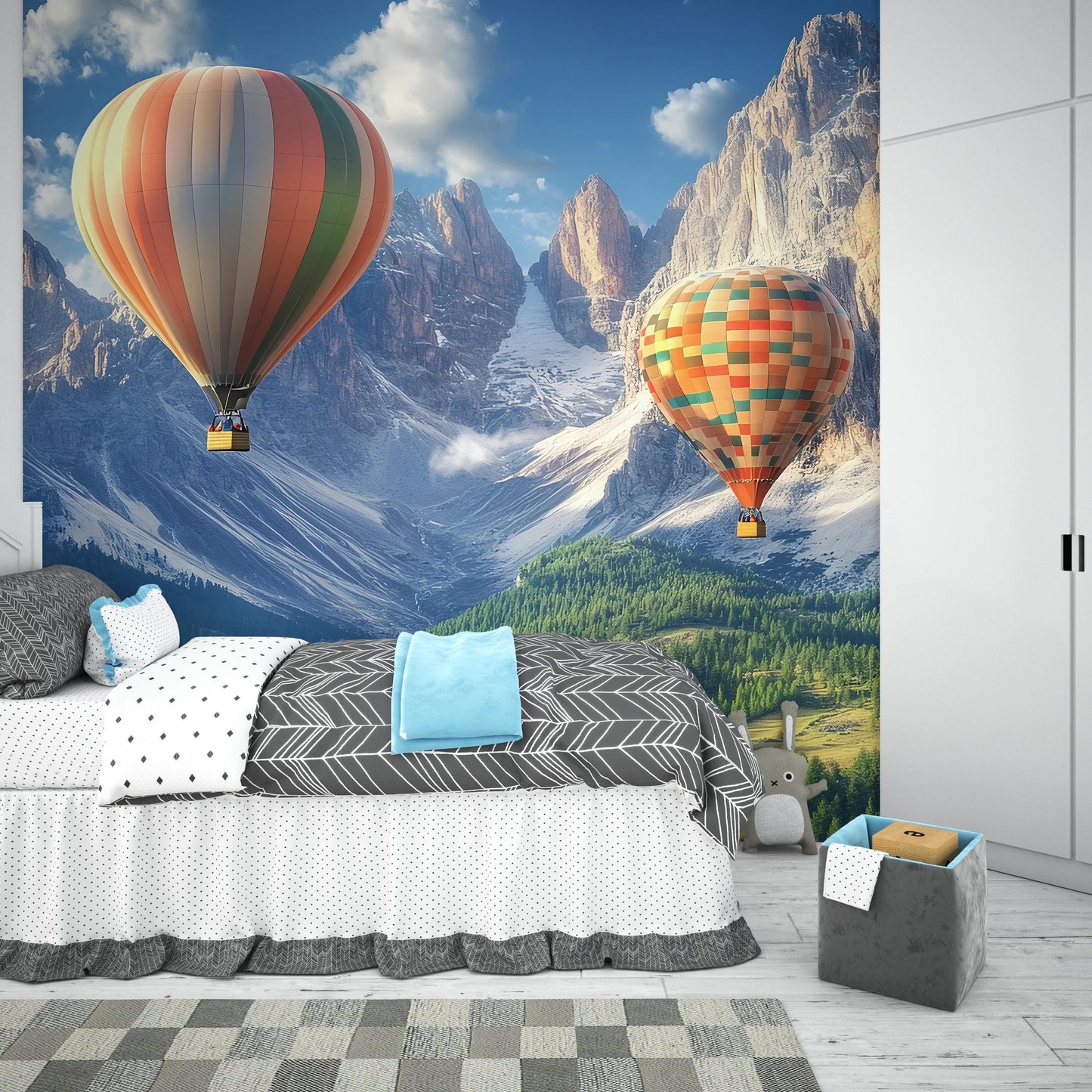 Hot Air Balloon Mountain Wall Mural – Scenic Nature Wallpaper for Kids Bedroom, Nursery, or Playroom – Removable Vinyl Art Vn381