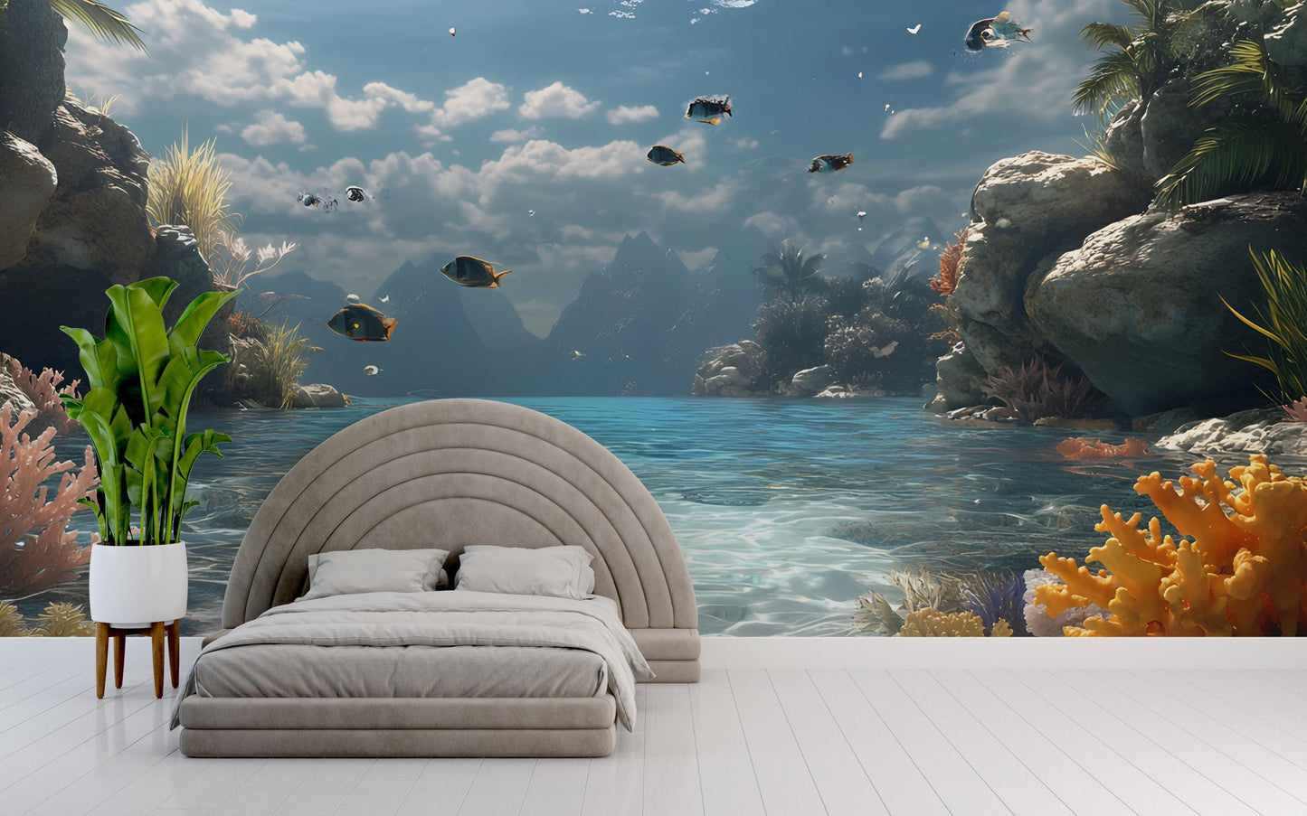 Ocean Paradise Wall Mural | 3D Tropical Beach Wallpaper for Kids Room | Underwater Fish Landscape Bedroom Decor Vn232