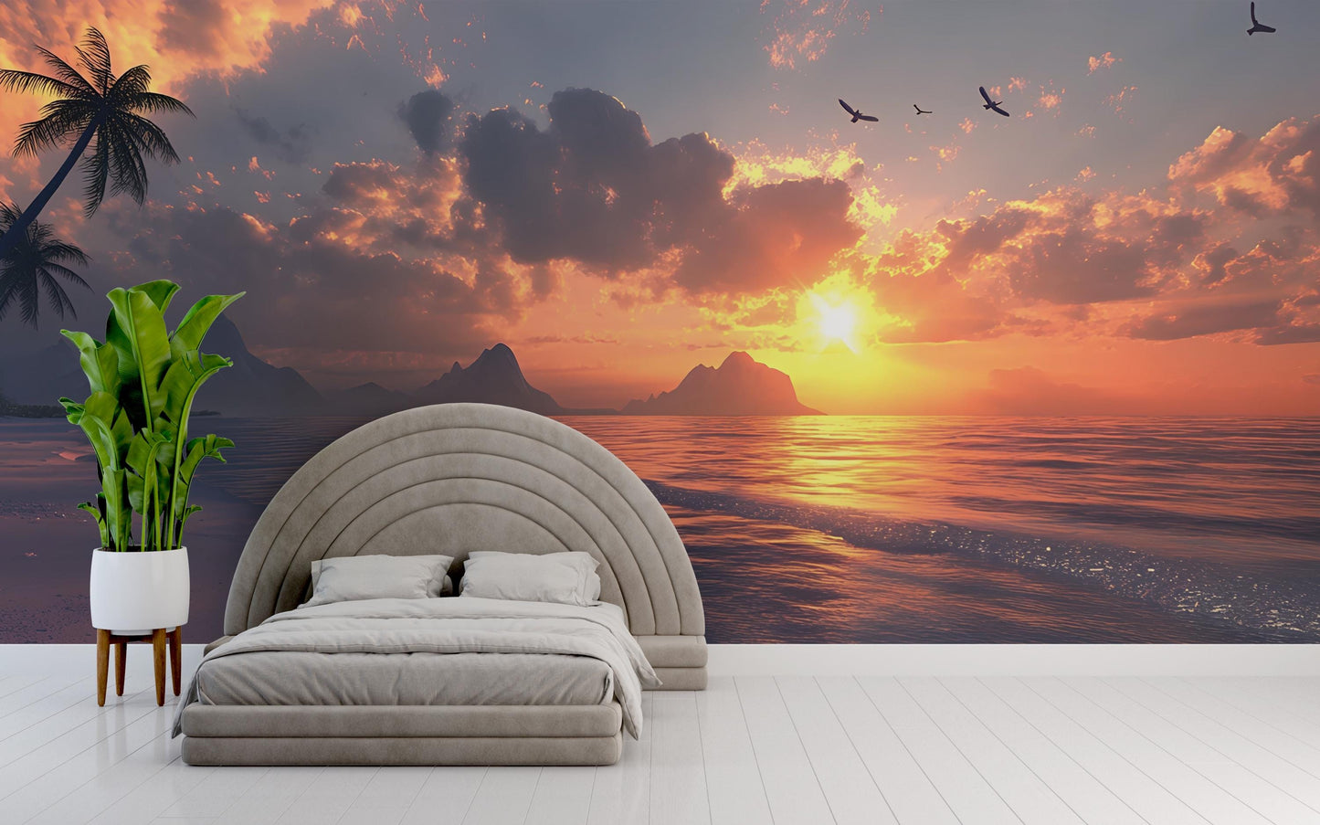 Sunset Ocean Wall Mural – Serene Coastal Bedroom Decor, Tropical Seascape Wallpaper, Ocean Sunset Mural Art Vn288