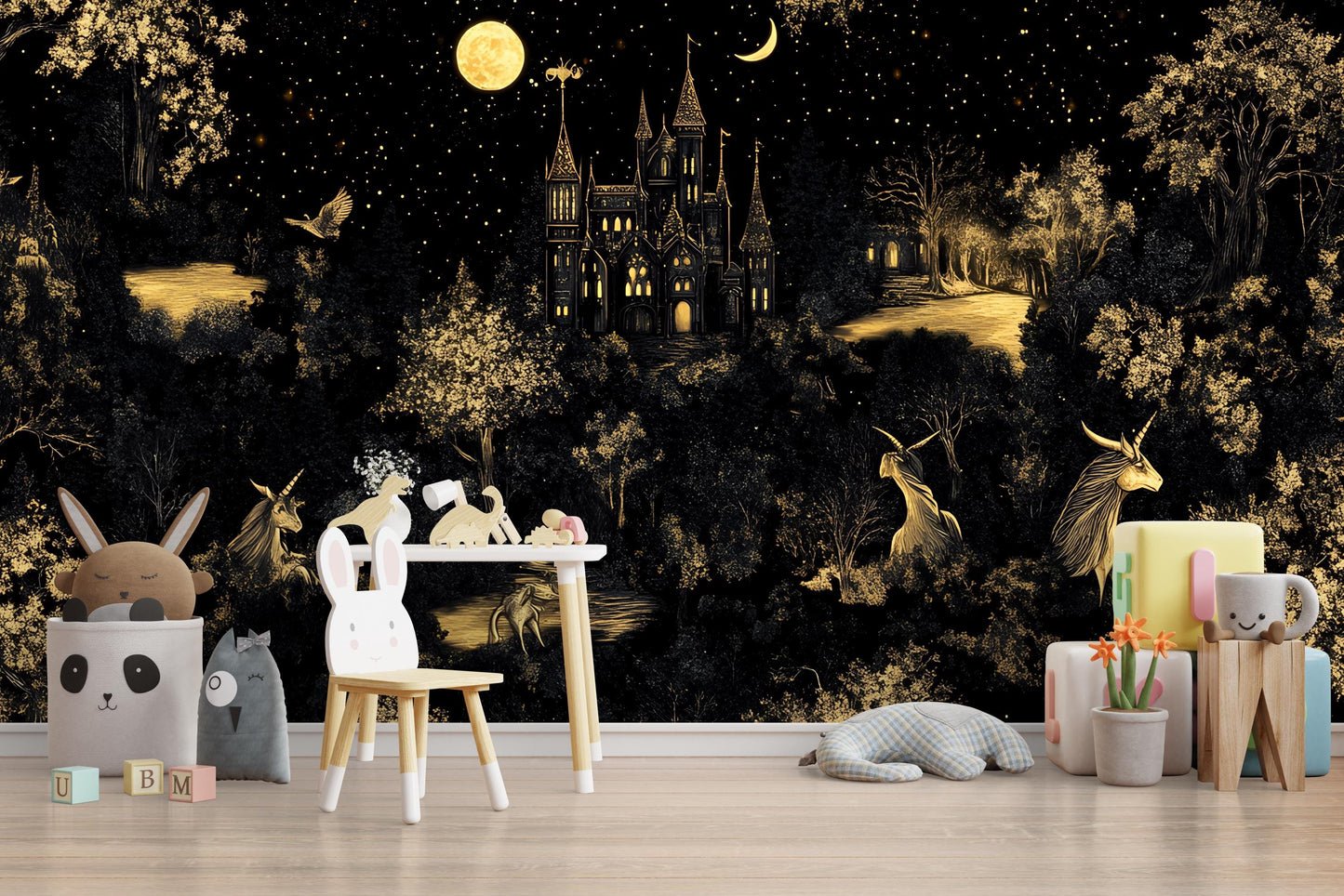Unicorn Castle Fantasy Wallpaper Mural - Dark Forest Night Kids Room Decor Vn180