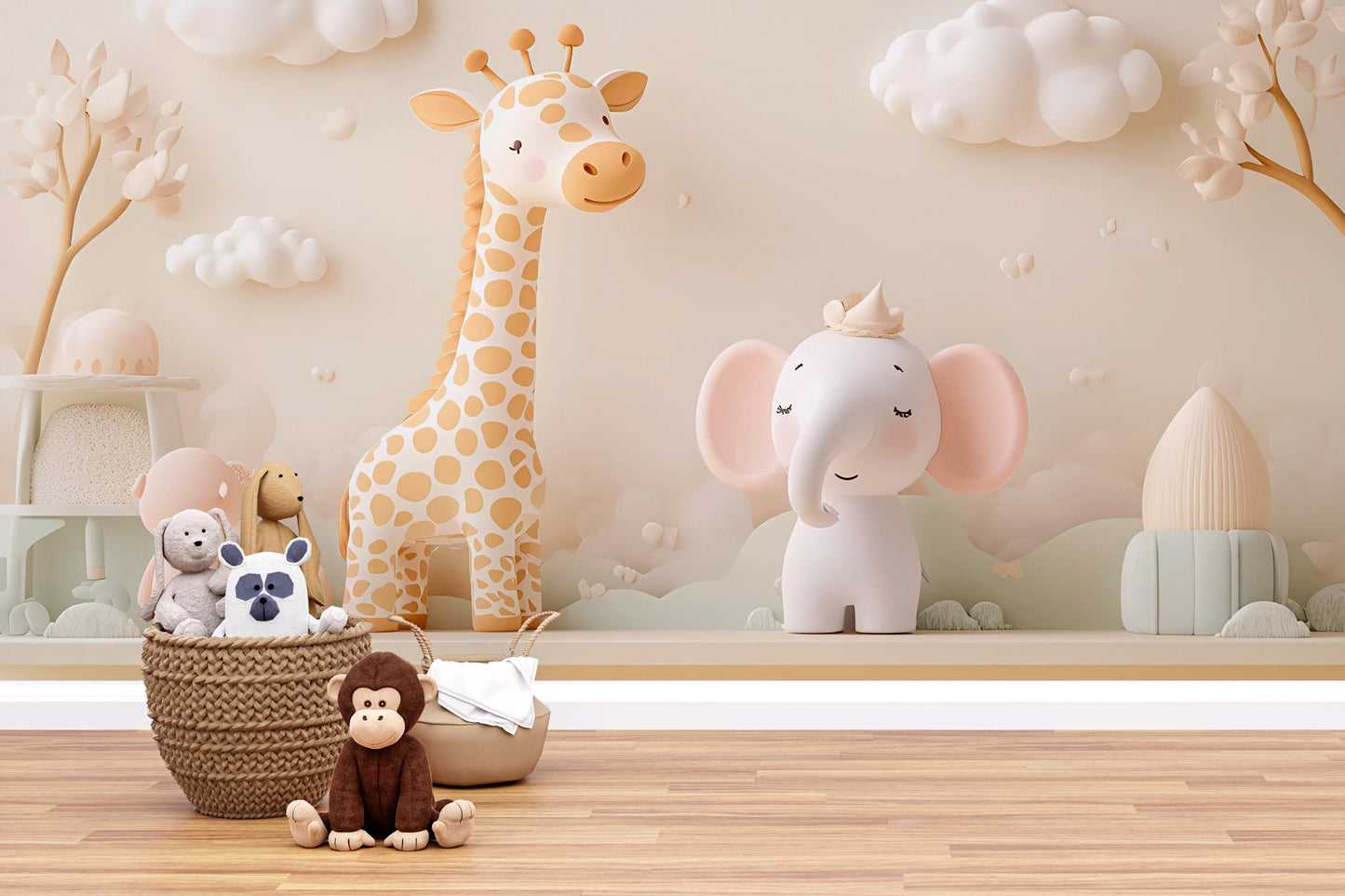 Whimsical Safari Animal Nursery Wall Mural – Giraffe & Elephant Jungle Art – Neutral Baby Room Decor – Kids Bedroom Wallpaper Vn431