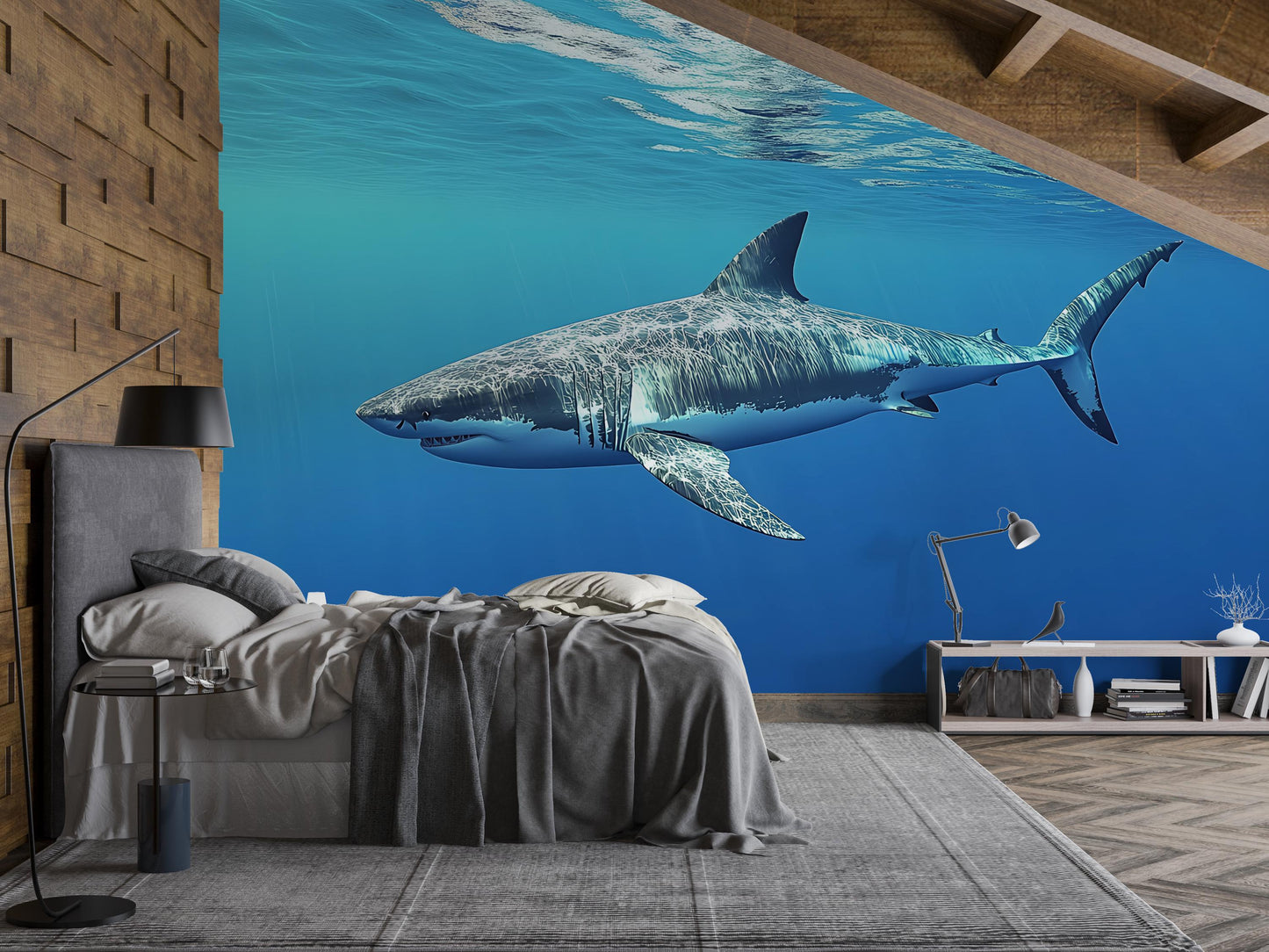 Great White Shark Wall Mural – Ocean Theme Bedroom Decor – Underwater Shark Wallpaper Vn386