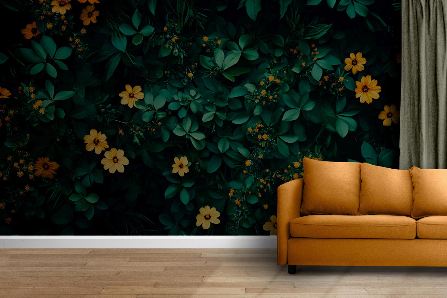 Floral Jungle Wall Mural | Yellow Flowers Botanical Wallpaper | Lush Leafy Nature Art | Modern Botanical Living Room Decor Vn208