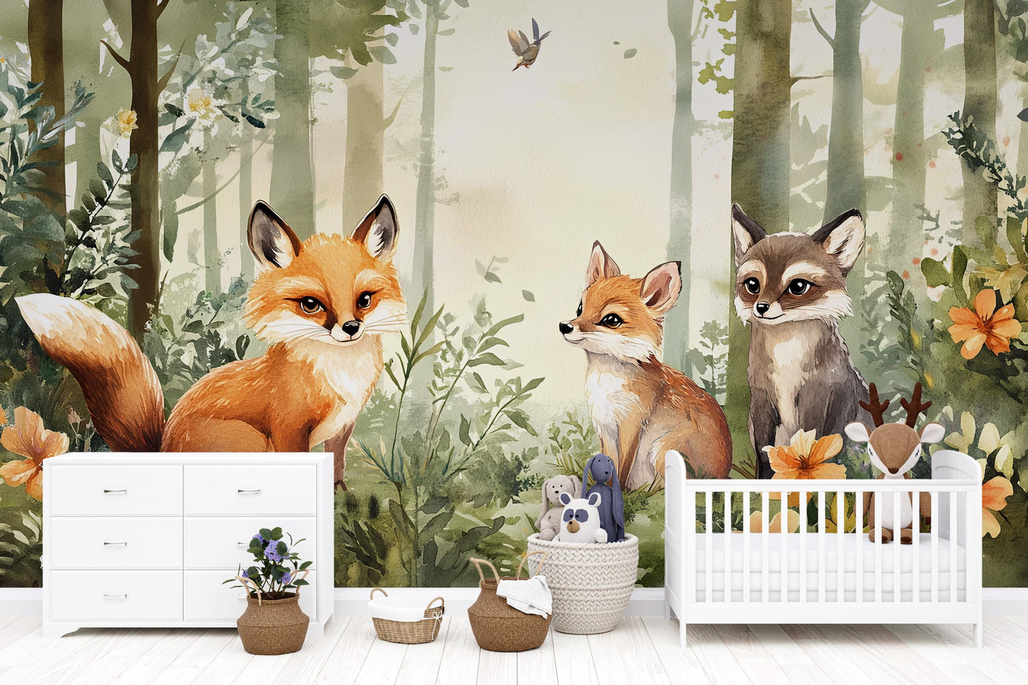 Woodland Forest Animal Nursery Wall Mural – Fox & Raccoon Wallpaper – Baby Room Decor – Gender Neutral Jungle Vn343