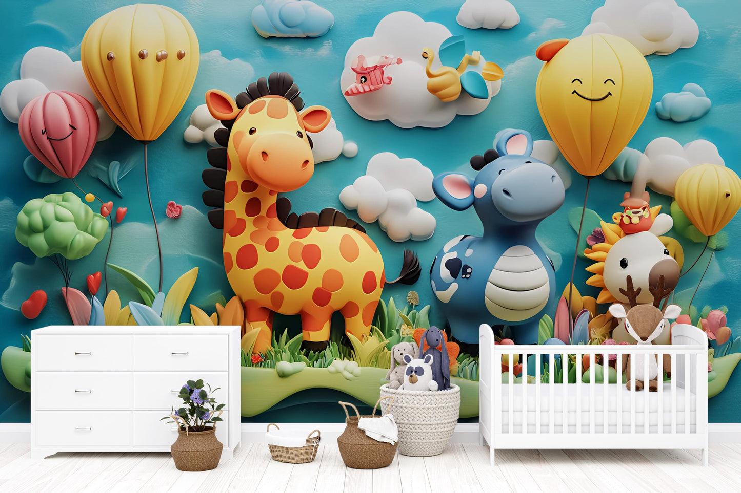 Whimsical Safari Animal Wall Mural – Giraffe, Hippo & Jungle Friends | Kids Room Decor Vn325