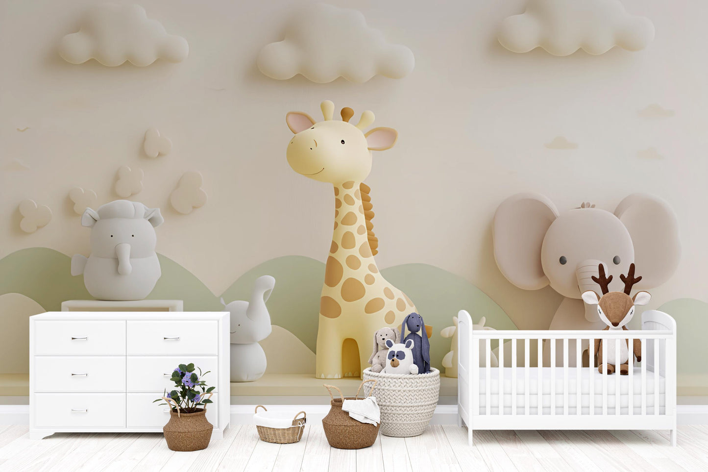 Soft Safari Nursery Wall Art | Giraffe Elephant Jungle Animals Decor | 3D Baby Room Mural | Gender Neutral Nursery Print Vn425