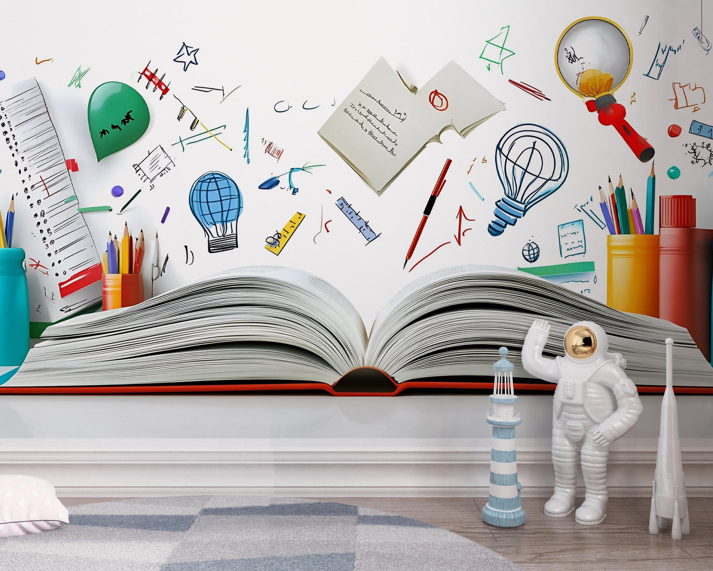 Educational Kids Wall Mural | Creative Study Room Decor | Open Book Art Print for Playroom or Bedroom Vn414