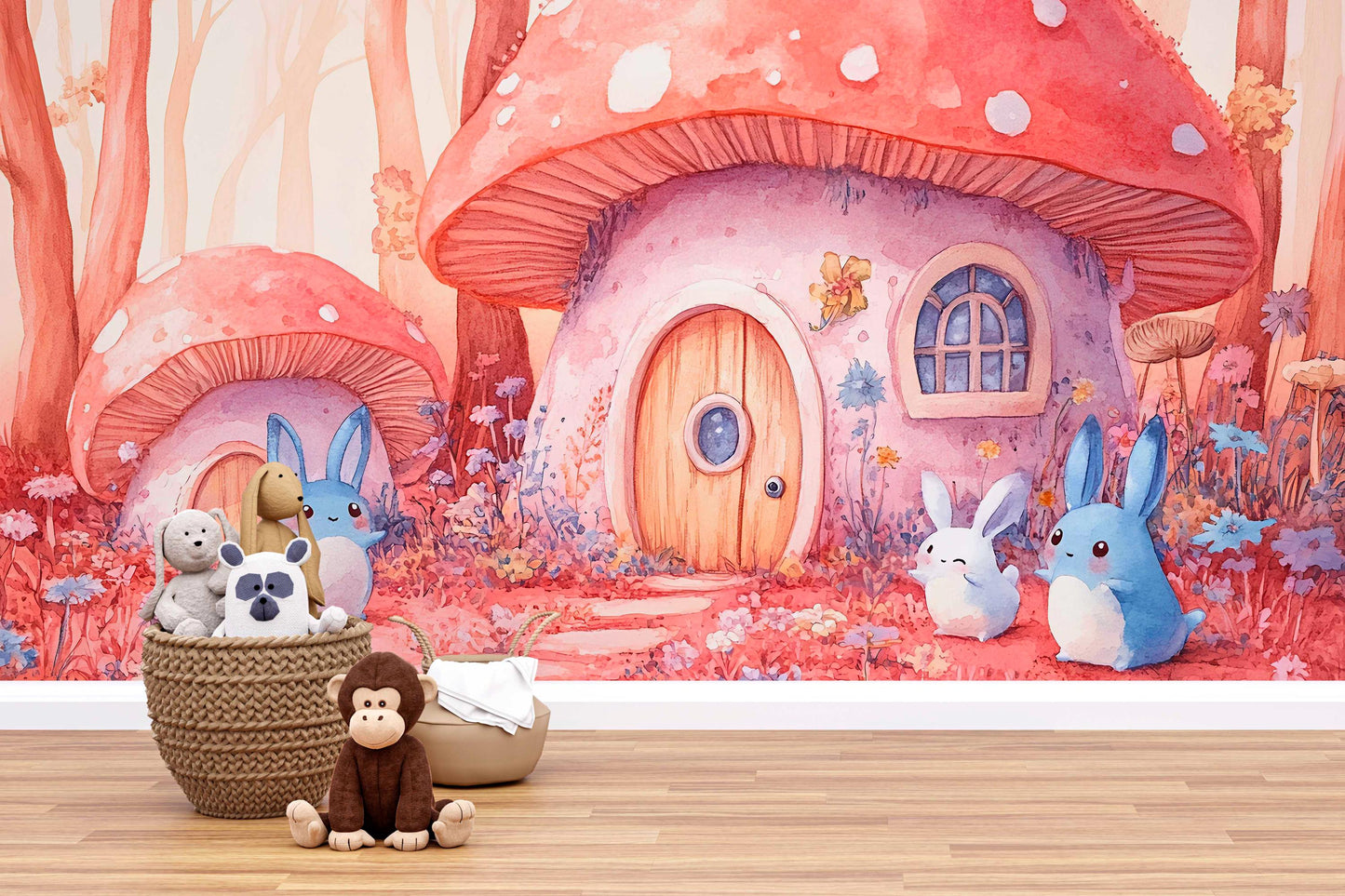 Whimsical Mushroom Forest Bunny Wall Mural – Cute Woodland Animal Nursery Wallpaper – Removable Baby Room Decor for Girls & Boys Vn446