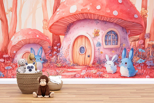 Whimsical Mushroom Forest Bunny Wall Mural – Cute Woodland Animal Nursery Wallpaper – Removable Baby Room Decor for Girls & Boys Vn446