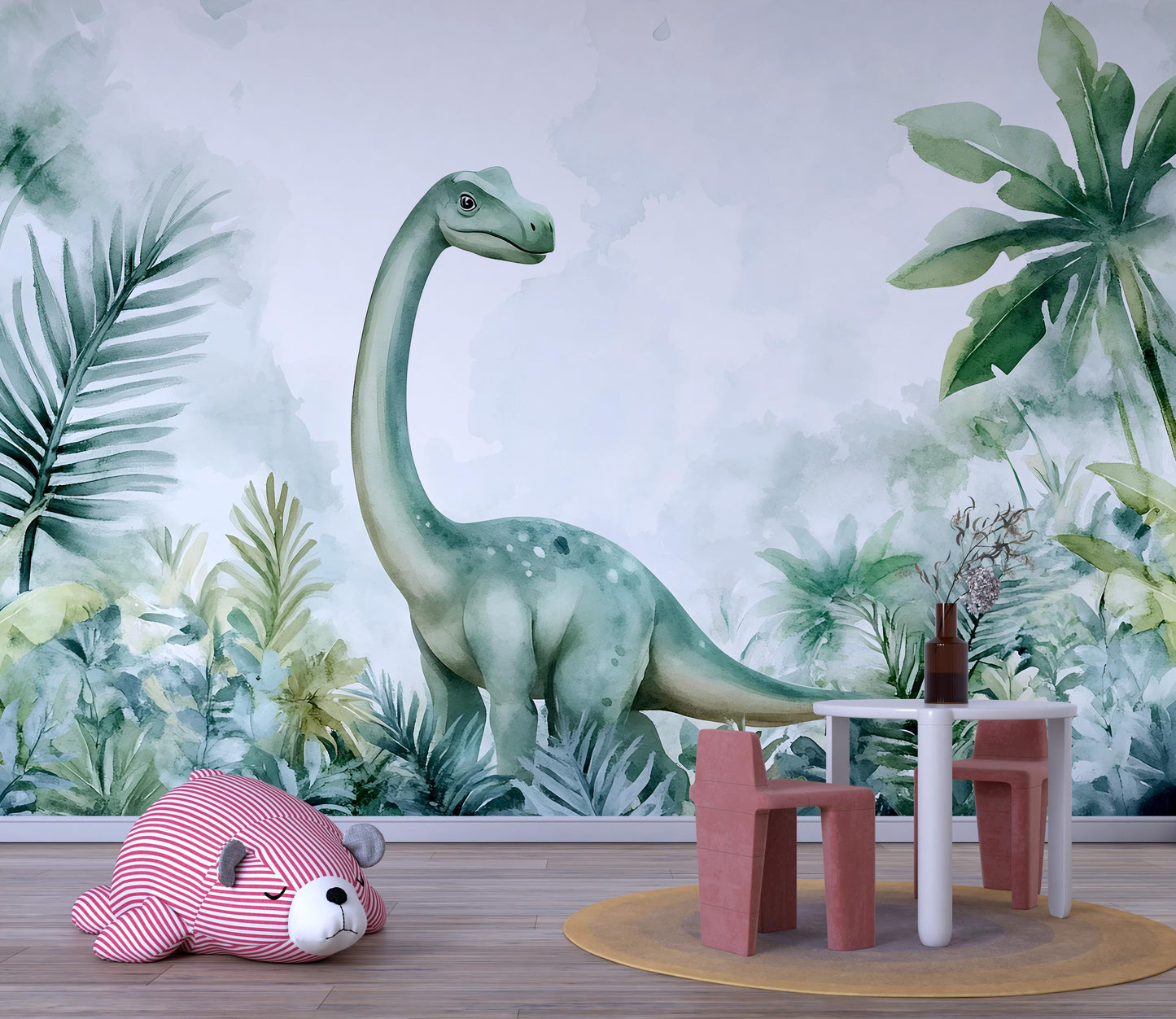 Dinosaur Wall Mural for Kids Room – Watercolor Jungle Brachiosaurus Art Vn407