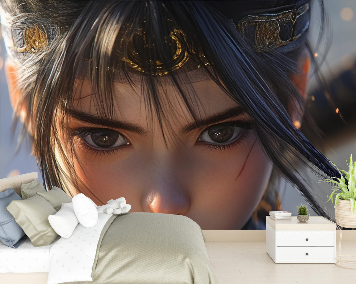 Fantasy Warrior Girl Wall Mural - Anime Style Face Close-Up Art for Bedroom Decor, Epic Gaming Room Tapestry Accent Wallpaper Vn362
