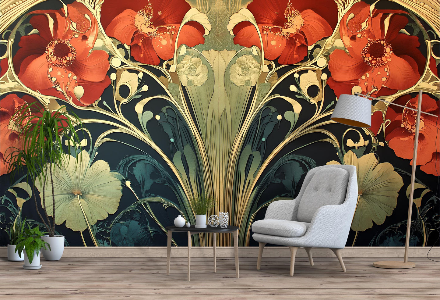 Boho Art Nouveau Floral Wall Art – Bold Red Poppy Canvas Print for Eclectic Living Rooms Vn191