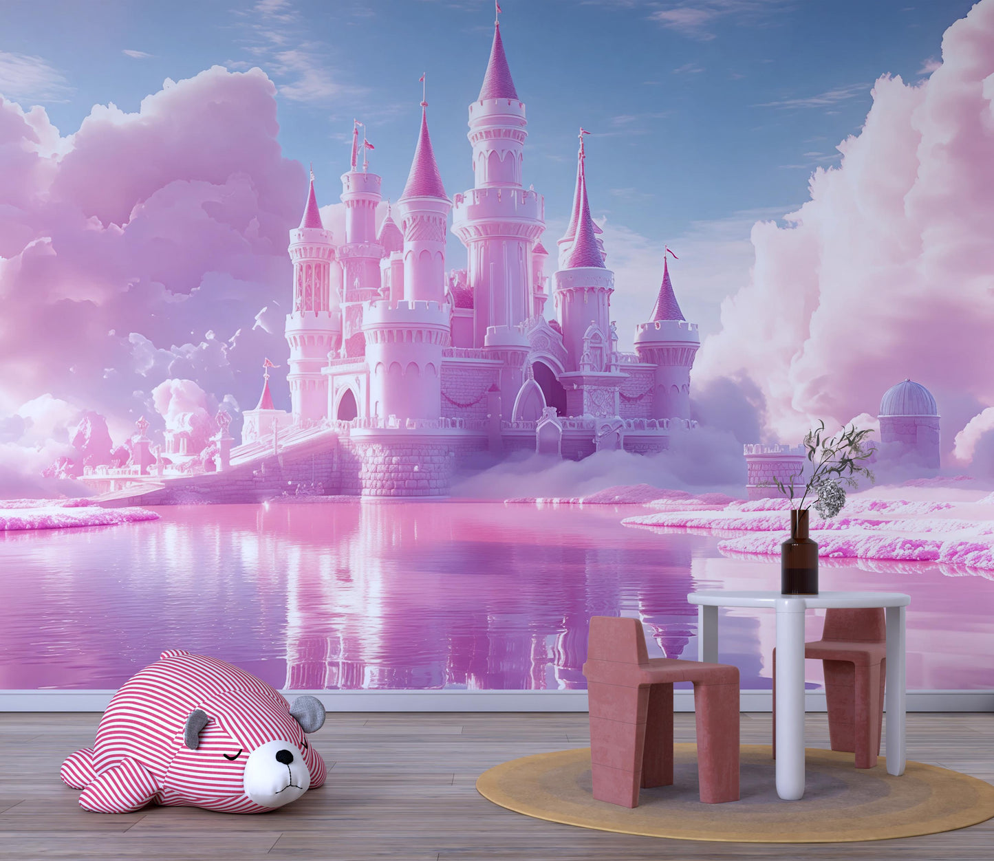 Pink Princess Castle Wall Mural for Kids Room – Fantasy Fairytale Wallpaper for Girls Bedroom Nursery – Magical Dreamland Decor Vn358