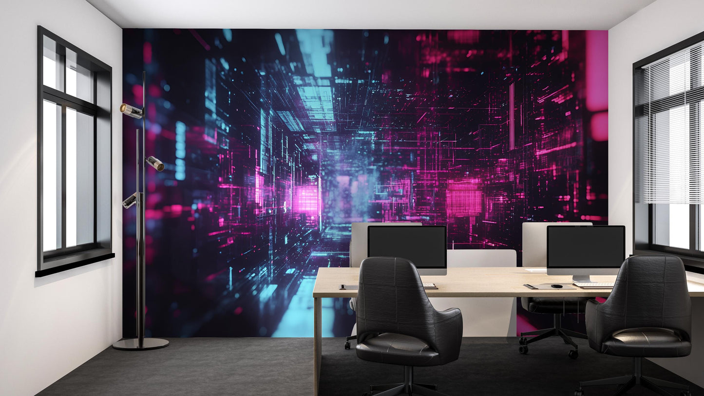 Futuristic Office Wall Mural – Cyberpunk Cityscape Digital Art Wallpaper Vn198