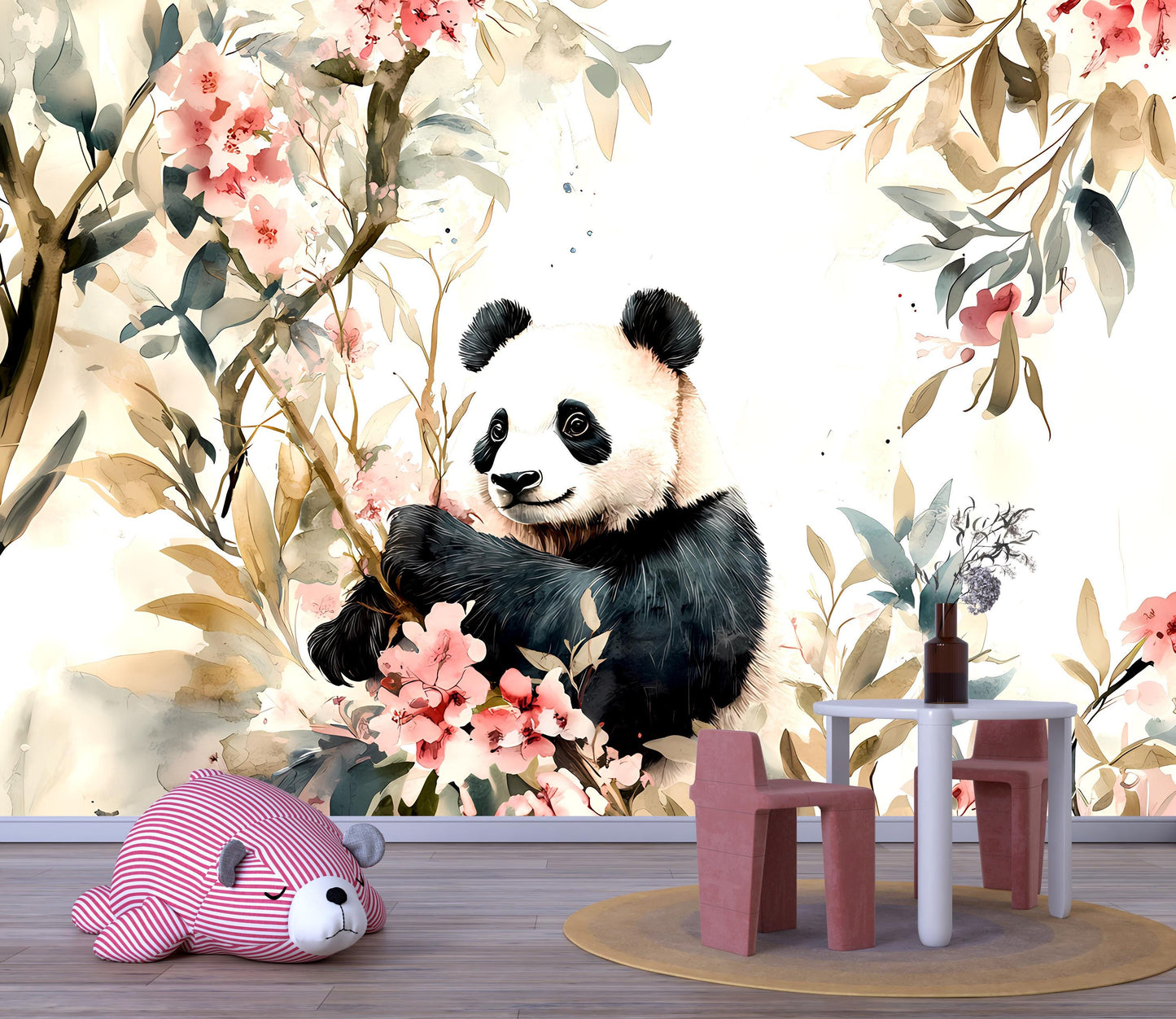 Panda Wall Mural for Nursery – Floral Jungle Panda Wallpaper – Baby Girl Room Decor – Removable Animal Mural Vn108